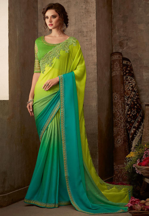 Ombre Chiffon Saree in Light Green and Turquoise