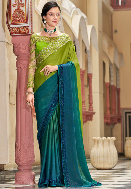 Ombre Chiffon Saree in Olive Green and Ombre Teal Blue