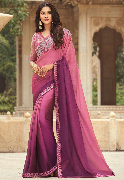 Ombre Chiffon Saree in Shaded Pink and Purple