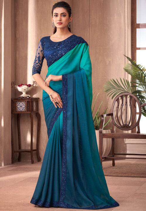 Ombre Chiffon Saree in Teal Green and Blue