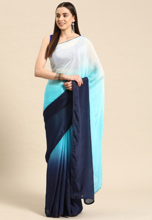 Ombre Chinon Chiffon Saree in Blue and Navy Blue