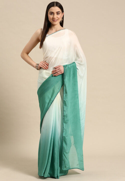 Ombre Chinon Chiffon Saree in Cream and Teal Green