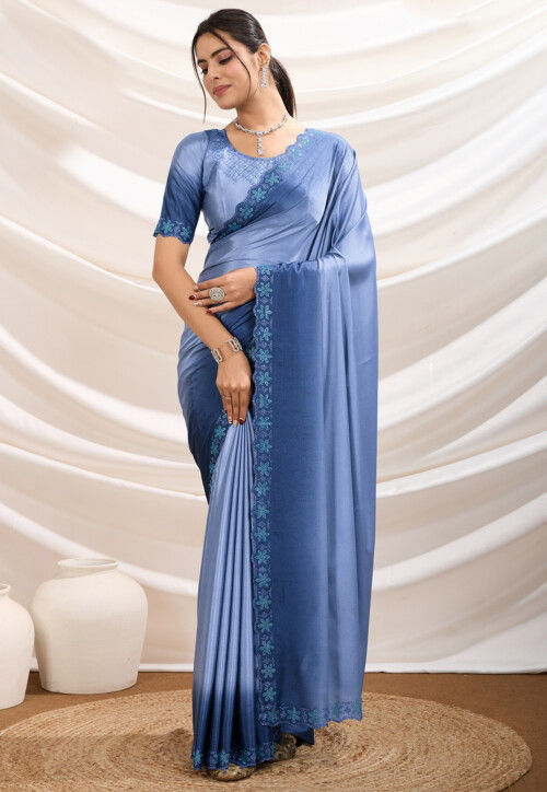 Ombre Crepe Scalloped Saree in Dusty Blue