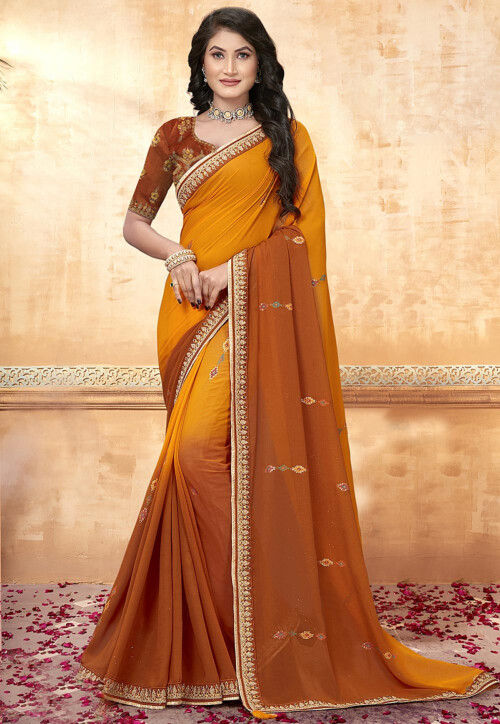 Ombre Georgette Saree in Mustard and Rust