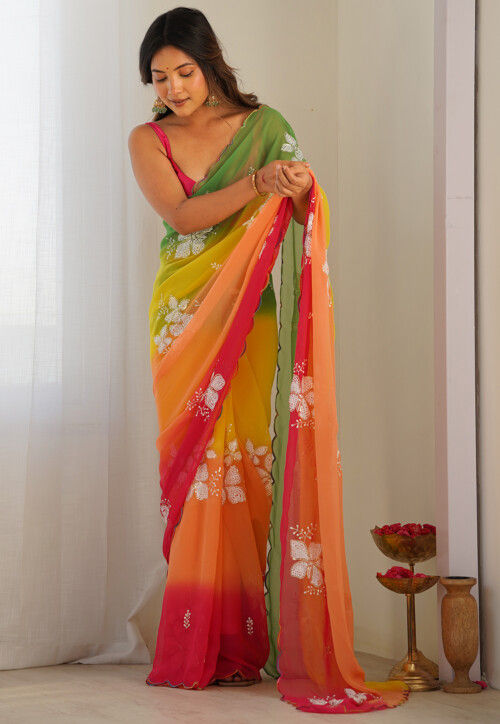Ombre Georgette Scalloped Saree in Multicolor