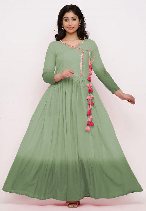 Ombre Mulmul Cotton Angrakha Style Gown Set in Pastel Green : TUC1548