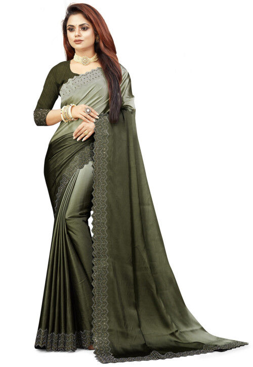Ombre Satin Saree in Olive Green