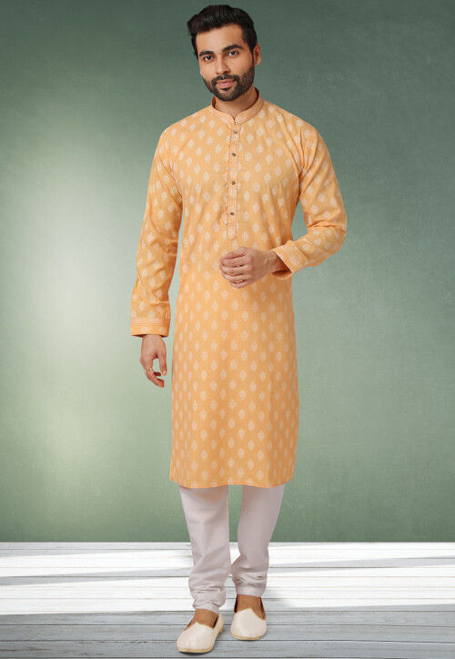 Ornamental Printed Cotton Kurta Set in Orange