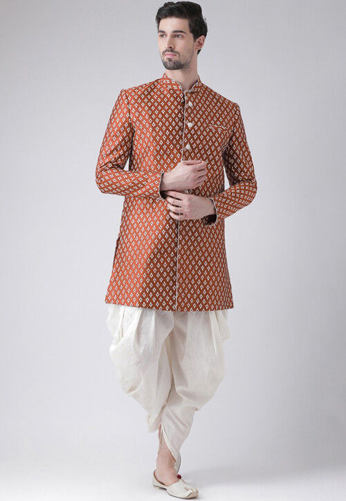 Ornamental Printed Dupion Silk Dhoti Sherwani in Dark Rust