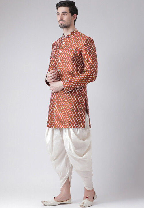 Ornamental Printed Dupion Silk Dhoti Sherwani in Dark Rust