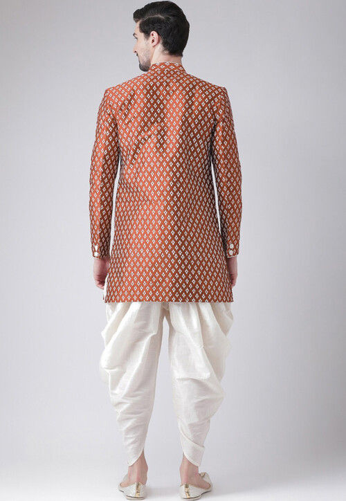 Ornamental Printed Dupion Silk Dhoti Sherwani in Dark Rust