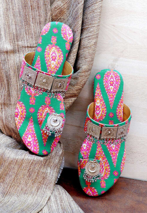 Ornamented Cotton Kolhapuri in Teal Green