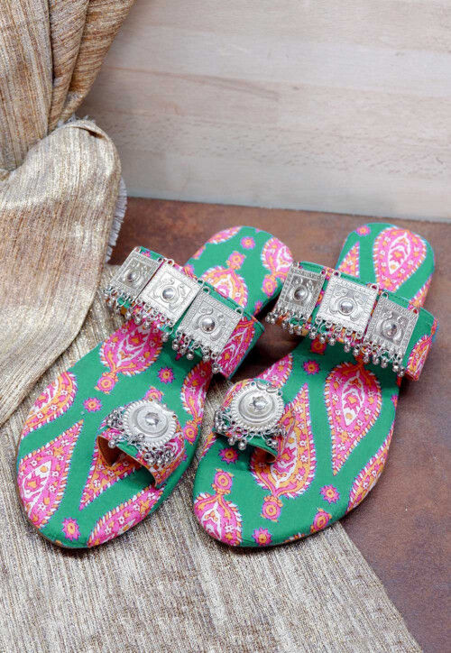 Ornamented Cotton Kolhapuri in Teal Green