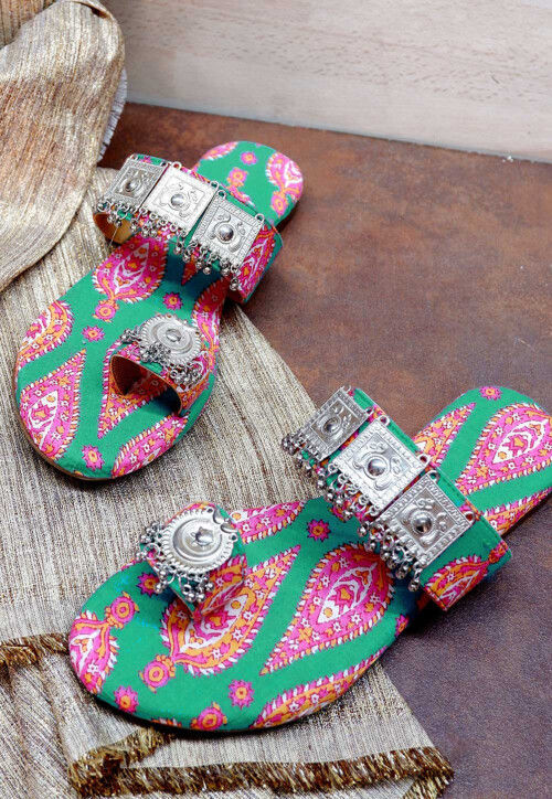 Ornamented Cotton Kolhapuri in Teal Green