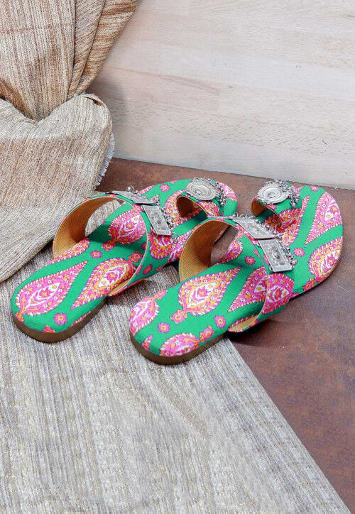 Ornamented Cotton Kolhapuri in Teal Green