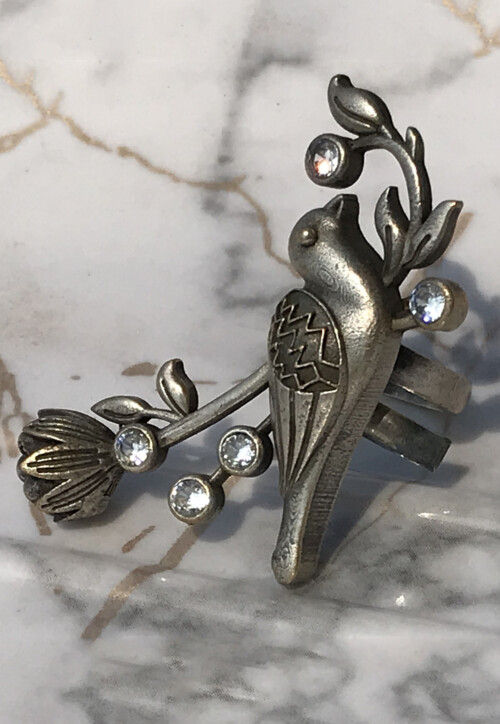 Oxidised Bird Style Stone Studded Adjustable Ring