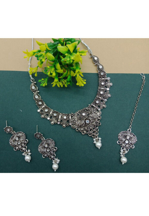 Oxidised Mirror Choker Necklace Set