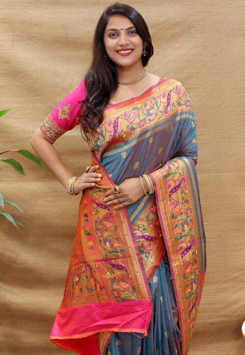 Paithani Silk Saree in Grey