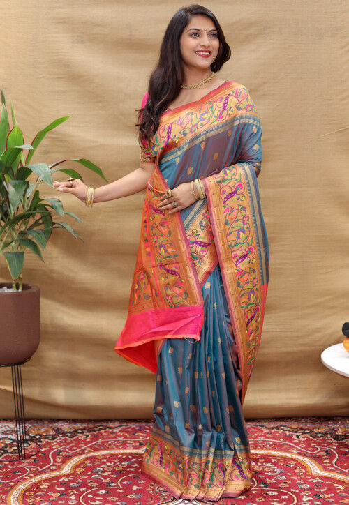 Paithani Silk Saree in Grey