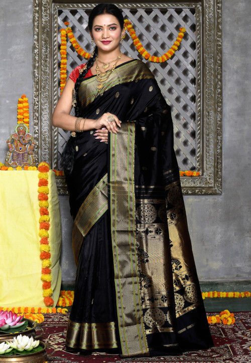 Buy Black Saree In Art Handloom Silk With Woven Multi Colored Peacock  Motifs On The Border, Floral Buttis And Unstitched Blouse KALKI Fashion  India