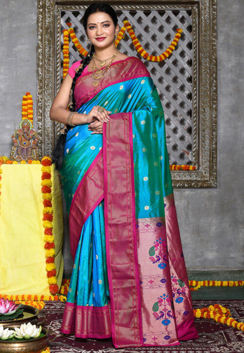 Paithani Pure Silk Saree in Teal Blue : SMEY280