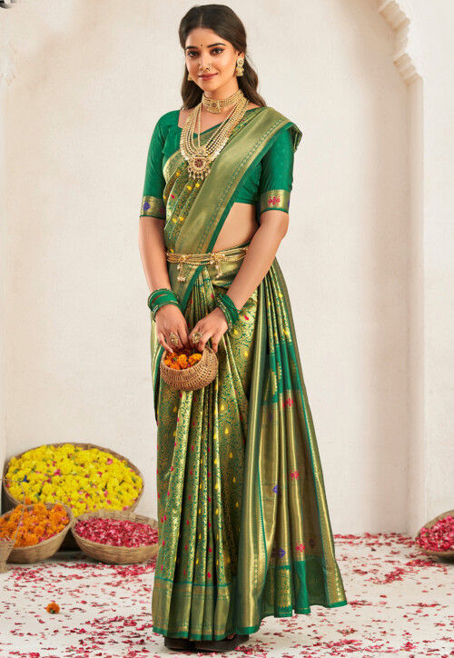 JUST FASHION Green Silk Woven Saree With Unstitched Blouse