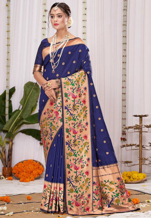 Thunder Blue Peacock Motif Paithani Party wear Saree | trendwati