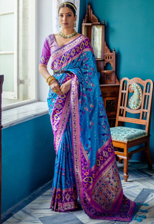 Pochampally ikkat blue with pink zari border handwoven pure silk saree