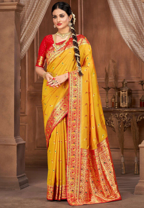 Elision Yellow Paithani Silk Saree With Propinquity Blouse Piece –  LajreeDesigner