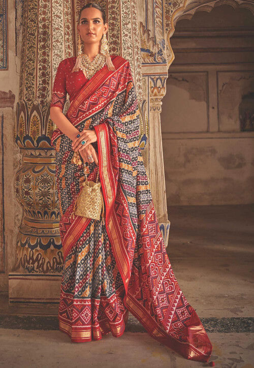 Blue and Red Single ikat Patan Patola Saree - New India Fashion