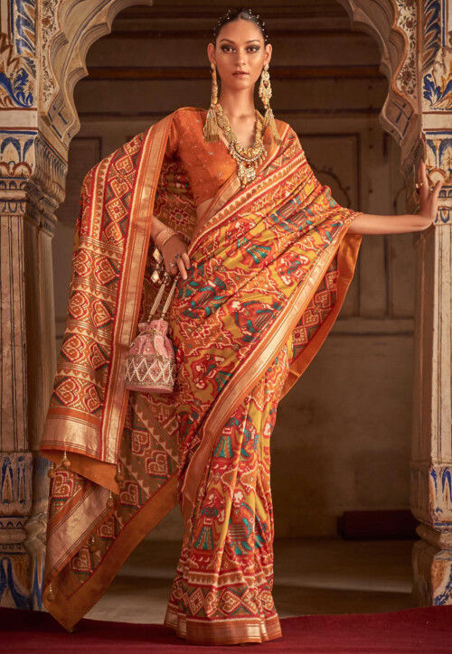 Leela: Double Ikat Patan Patola Saree In The Shades Of Red And Gold – Zari  Banaras