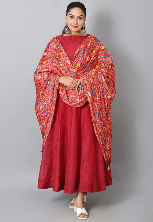 Patola Printed Art Silk Dupatta in Red and Orange