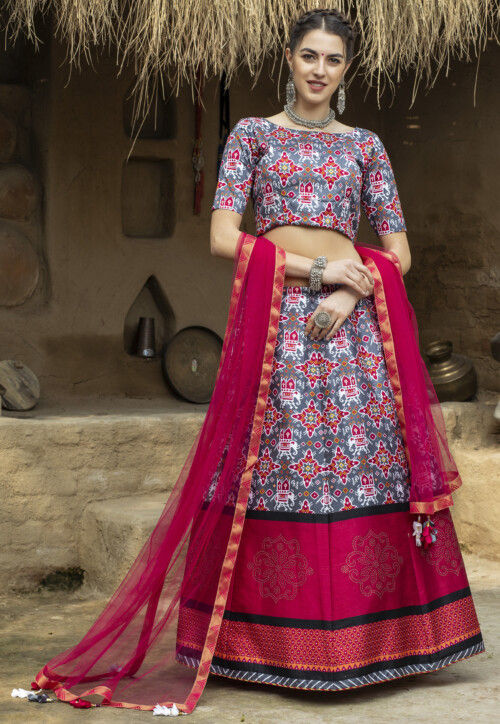 Patola Printed Art Silk Lehenga in Grey and Magenta