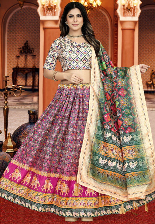 Buy Magenta Net Embroidery Thread Leaf Neck Zari Work Lehenga Set For Women  by LASHKARAA Online at Aza Fashions.