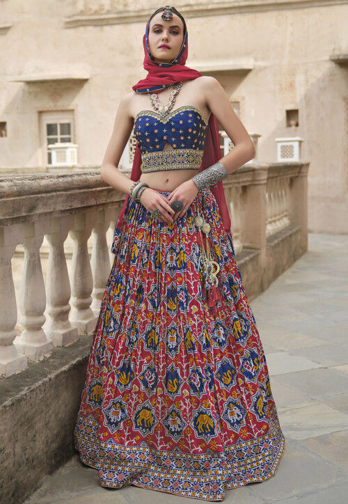 Patola Printed Art Silk Lehenga in Red