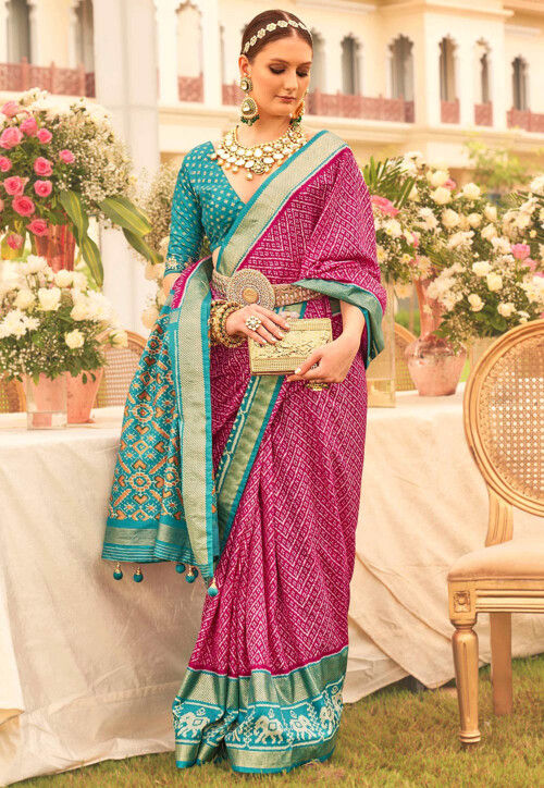 Patola Printed Art Silk Saree in Fuchsia