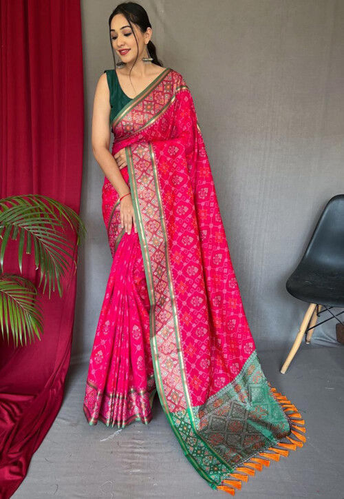 Patola Printed Art Silk Saree in Fuchsia