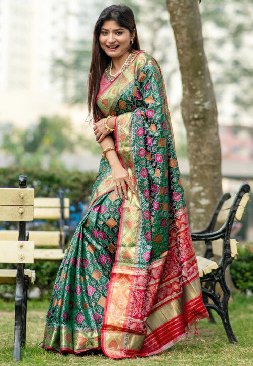 Patola Printed Art Silk Saree in Green