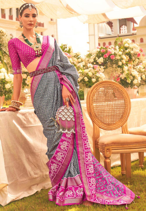 Patola Printed Art Silk Saree in Grey