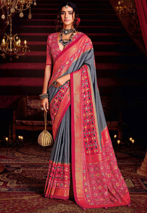 Patola Printed Art Silk Saree in Grey