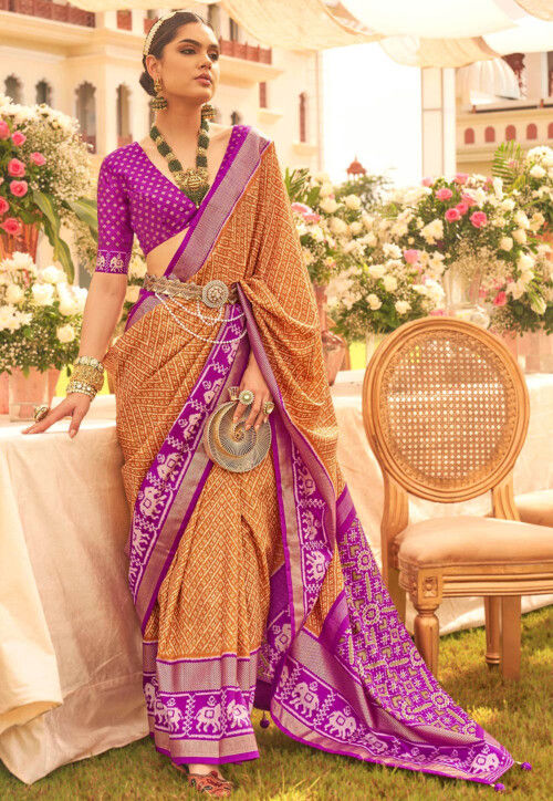 Patola Printed Art Silk Saree in Mustard