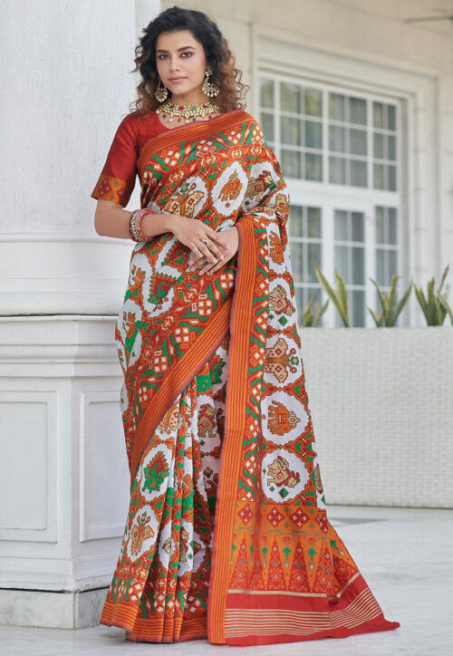 Patola Printed Art Silk Saree in Off White and Orange