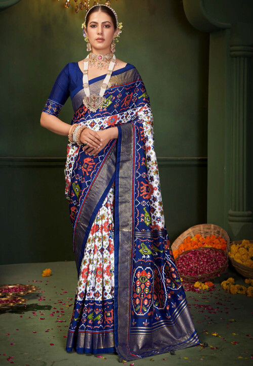 Patola Printed Art Silk Saree in Off White