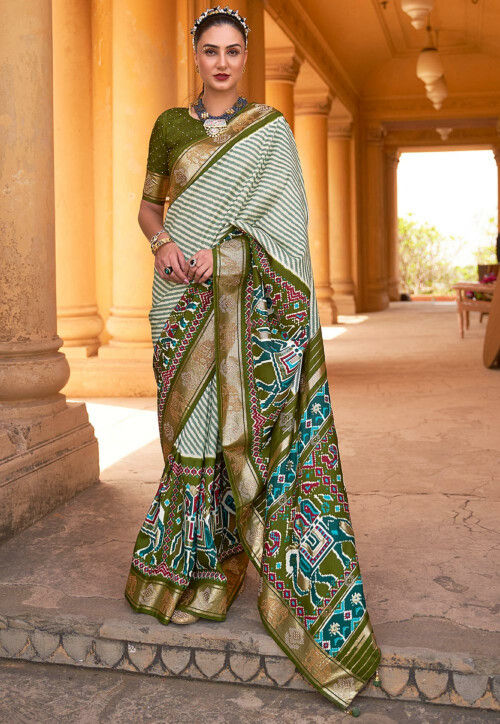 Buy Patola Printed Art Silk Saree in Olive Green and Off White Online SPF5447 Utsav Fashion