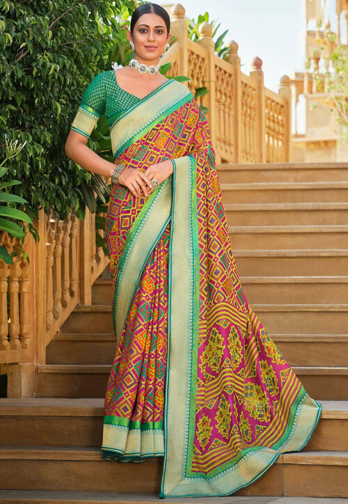 Buy Cream & Blue Patola Printed Silk Saree Online At Zeel Clothing