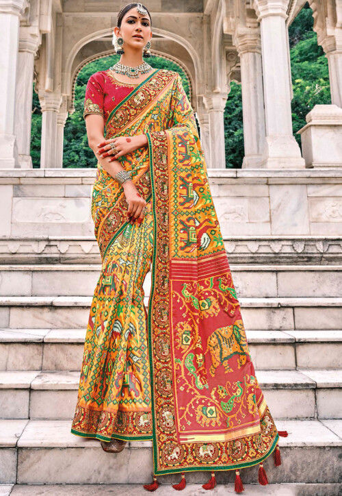 Patola Printed Art Silk Saree in Yellow