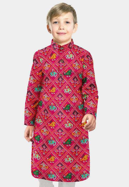 Patola Printed Art Silk Straight Kurta in Fuchsia