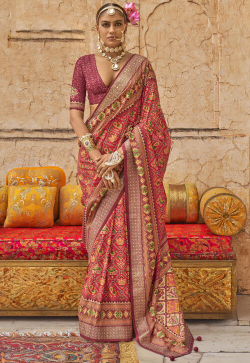 Patola Printed Art Viscose Silk Saree in Red and Multicolor
