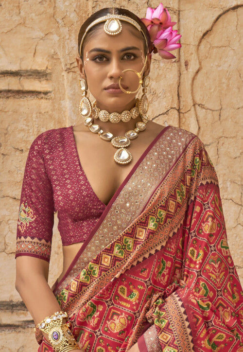 Patola Printed Art Viscose Silk Saree in Red and Multicolor