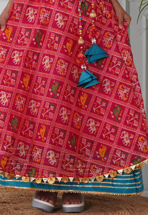 Patola Printed Brocade Crop Top Skirt Set in Golden